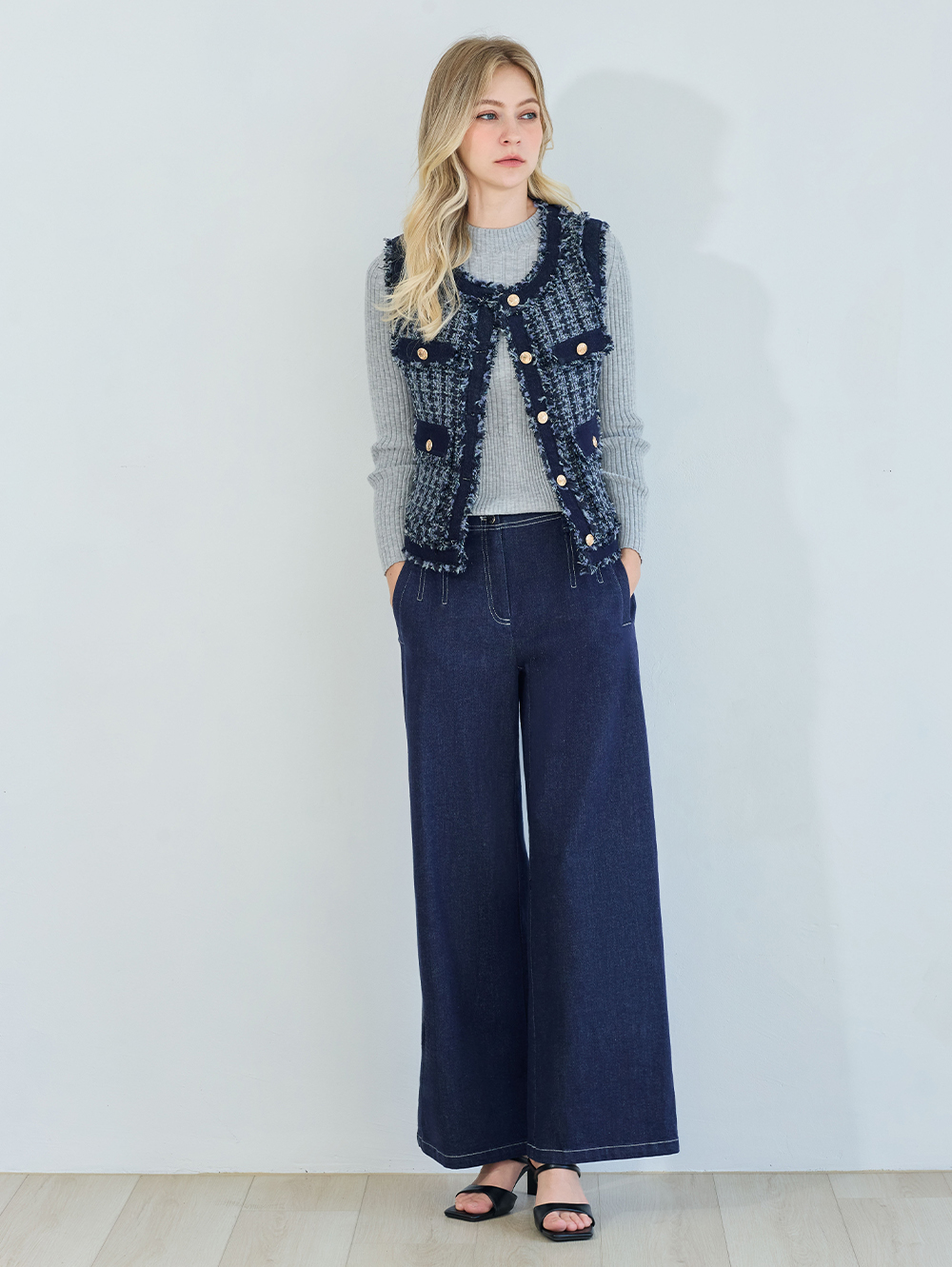 跳色車線牛仔寬褲JOAN