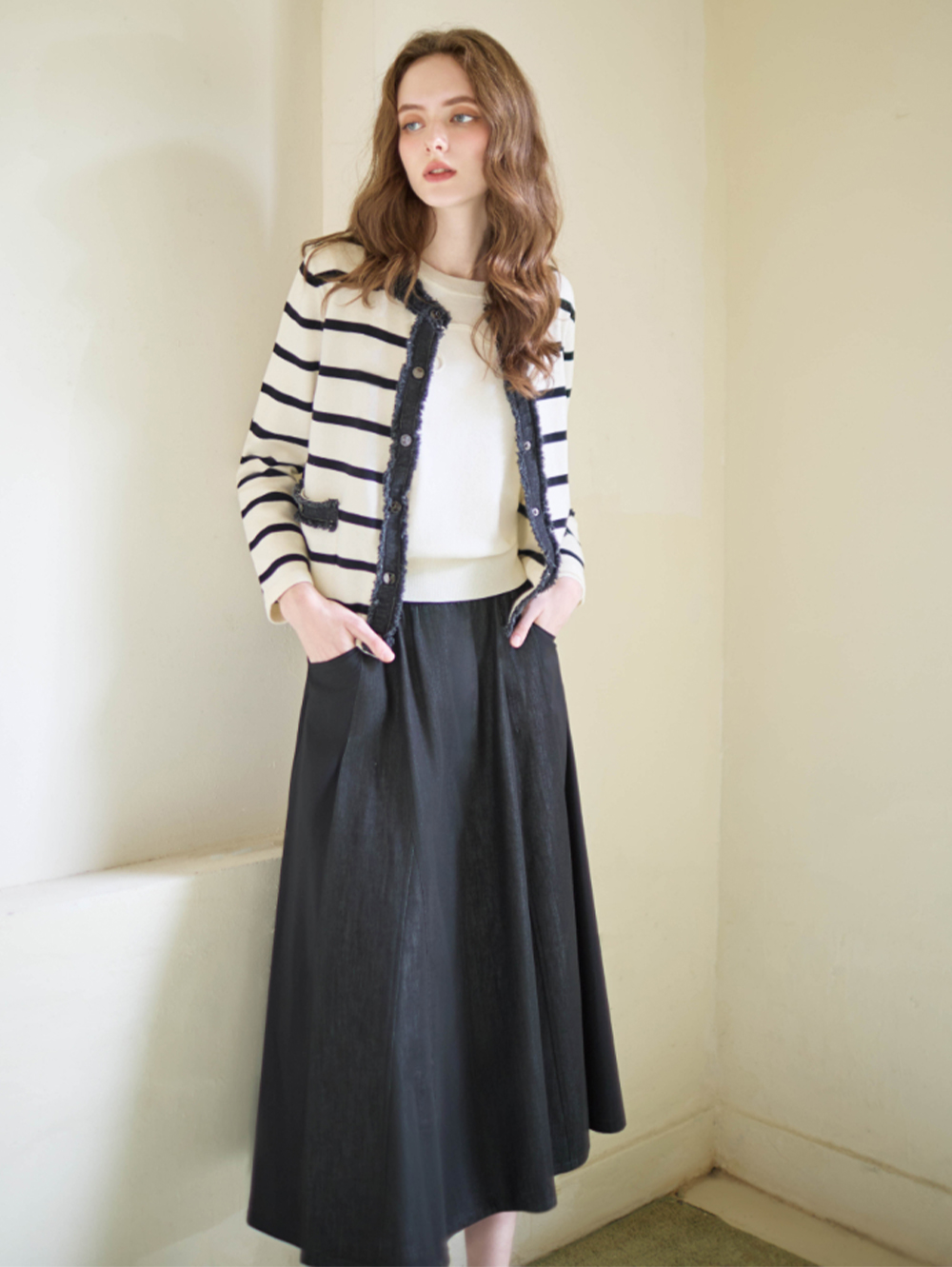 JOAN立體剪裁牛仔拼接中長裙