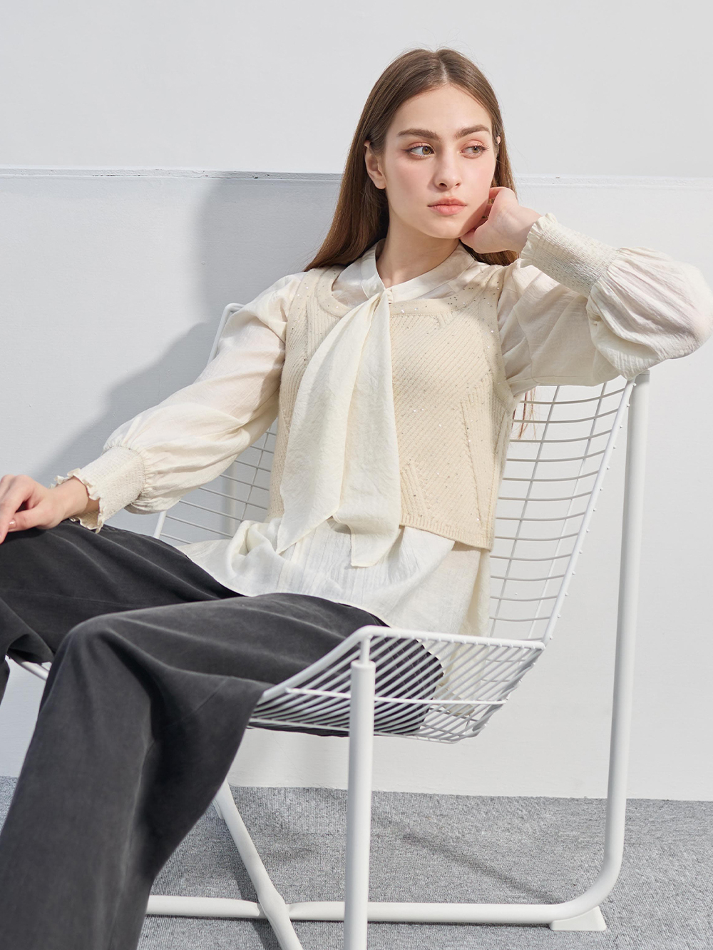 DENOVO柔美文藝綁帶平織上衣