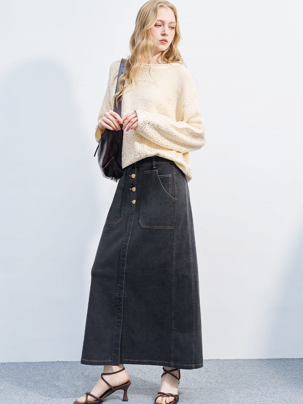 DENOVO輕磨毛百搭長版牛仔口袋裙