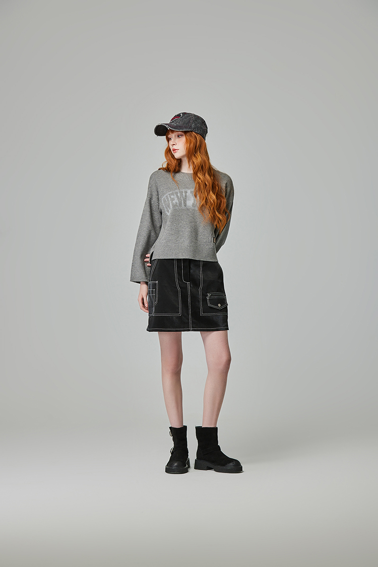 abito跳色車線皮革窄裙