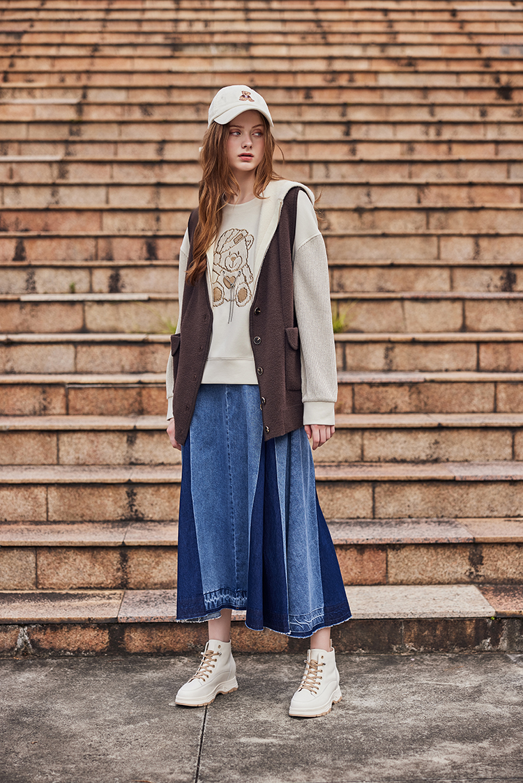 abito棉質拼接牛仔長裙