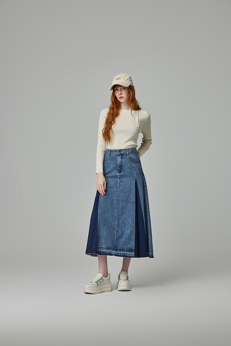 abito棉質拼接牛仔長裙