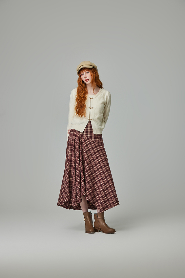 abito氣質格紋不規則裙襬長裙