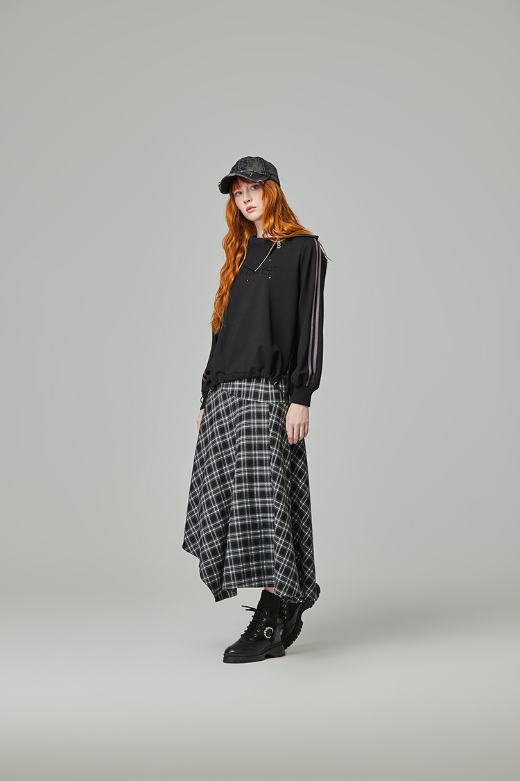 abito氣質格紋不規則裙襬長裙