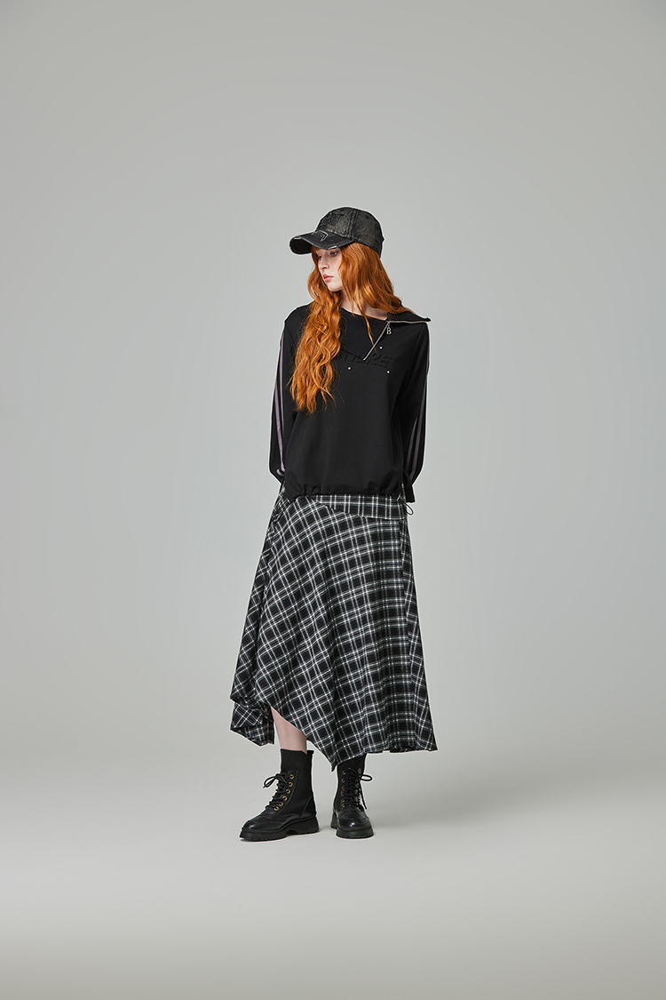 abito氣質格紋不規則裙襬長裙