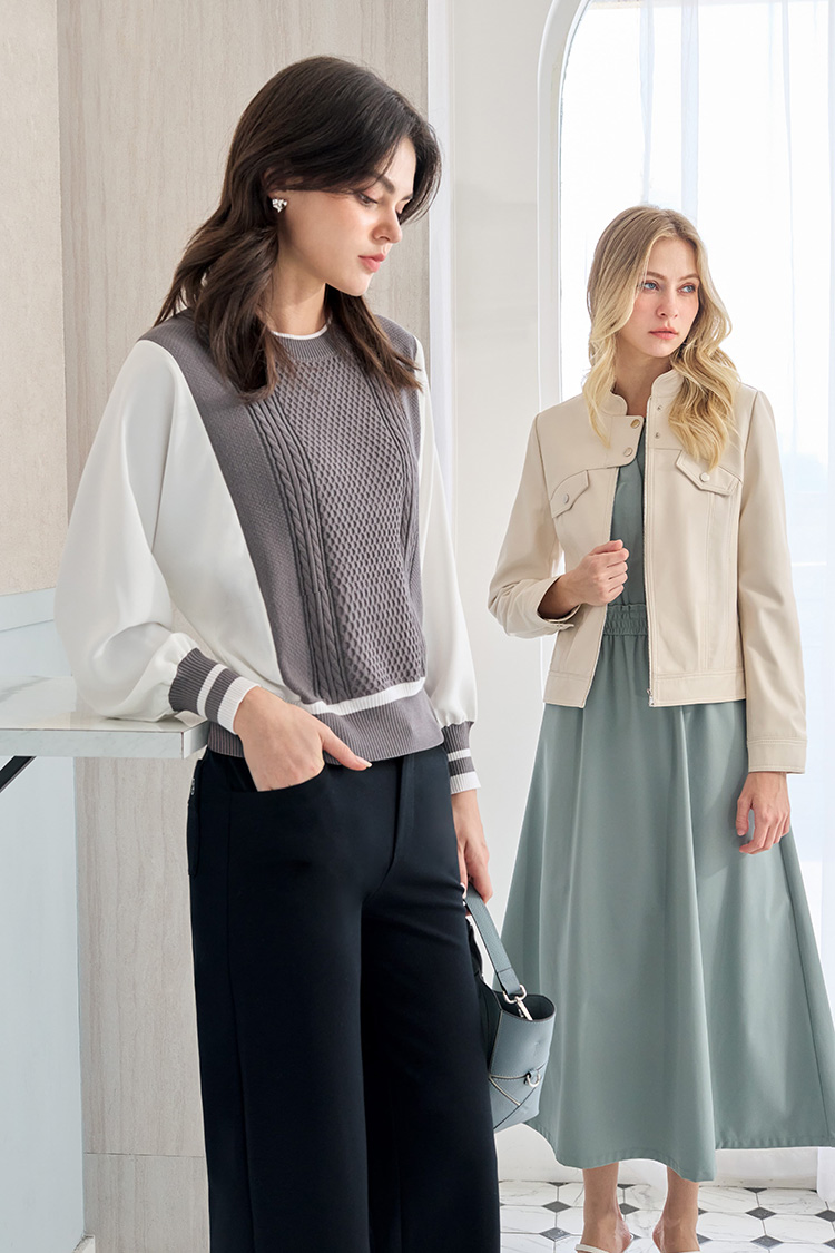 JOAN針平織拼接造型連袖上衣