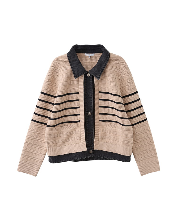 JOAN牛仔拼接條紋針織短外套