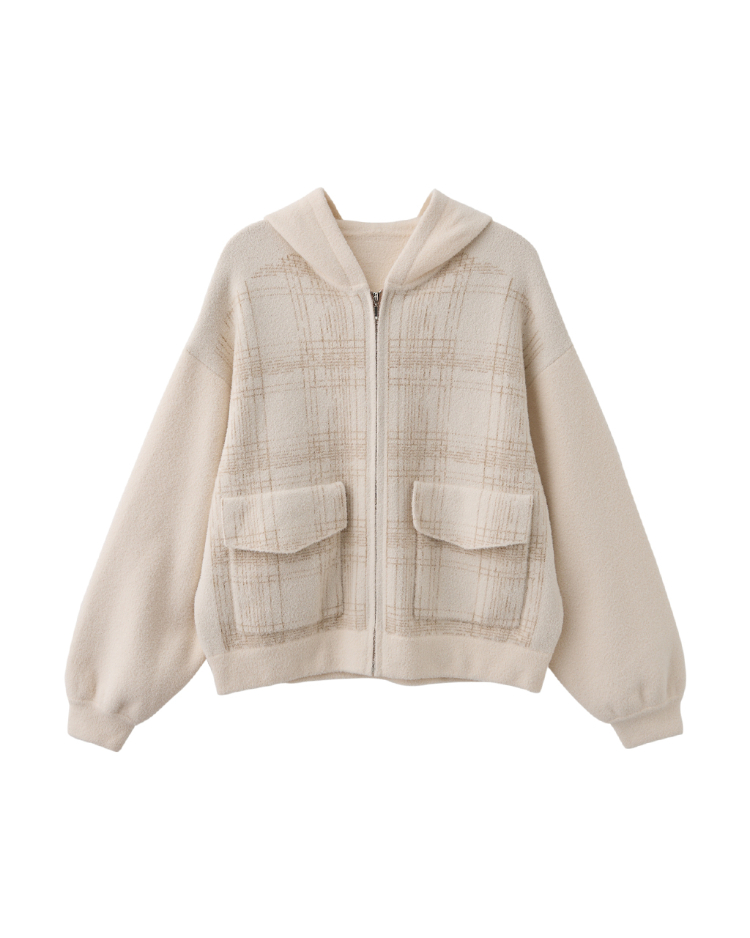 JOAN毛絨格紋針織連帽外套