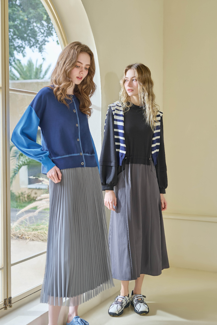 JOAN都會層次拚色抽繩收腰洋裝