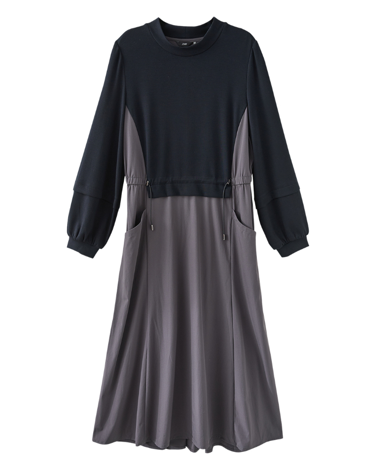 JOAN都會層次拚色抽繩收腰洋裝