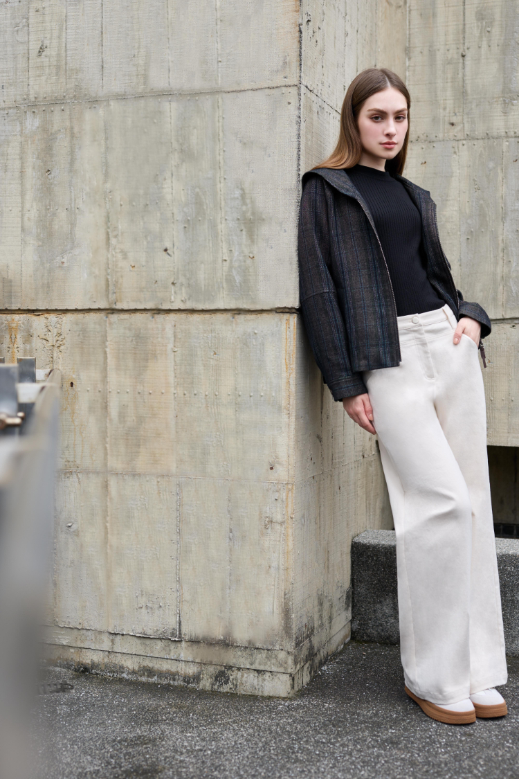 DENOVO大翻領拉鍊格紋外套