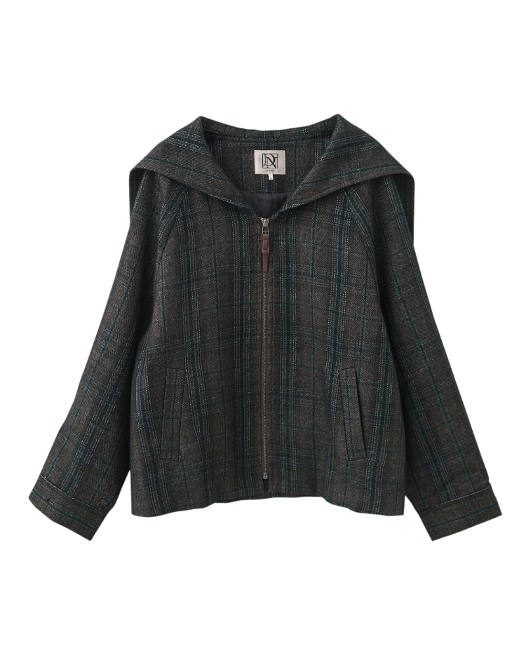 DENOVO大翻領拉鍊格紋外套
