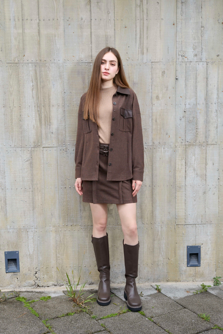 DENOVO仿皮革拼接口袋襯衫外套