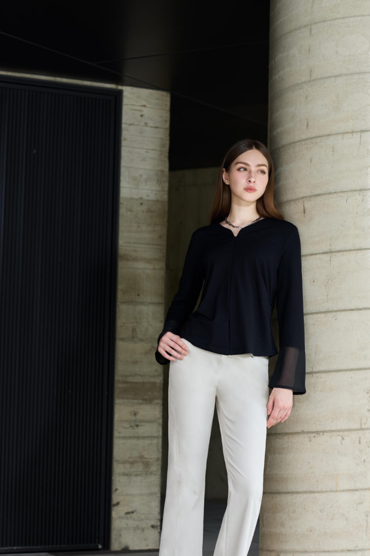 DENOVO雪紡拼接拉鍊彈性上衣