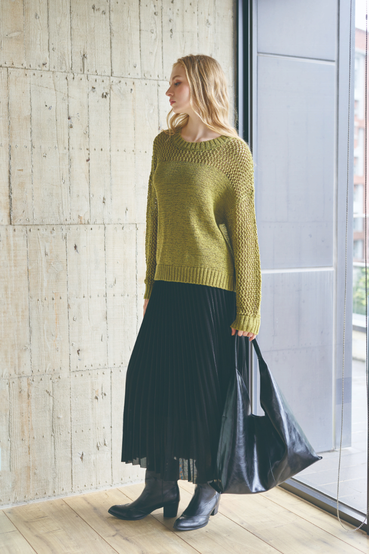 DENOVO金屬光澤壓褶中長裙