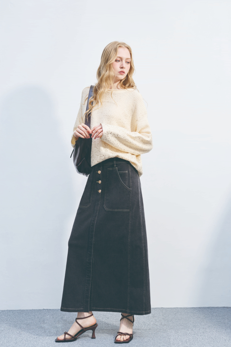 DENOVO輕磨毛百搭長版牛仔口袋裙