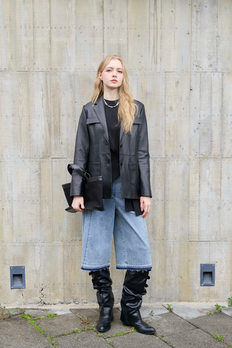 DENOVO低調奢華中長版真皮西裝外套